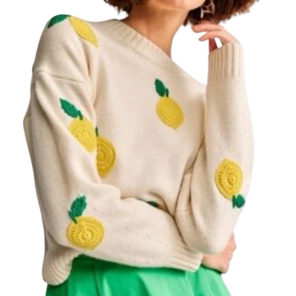 Cynthia Rowley White Sweater with Yellow Lemon Accents New Size Large
